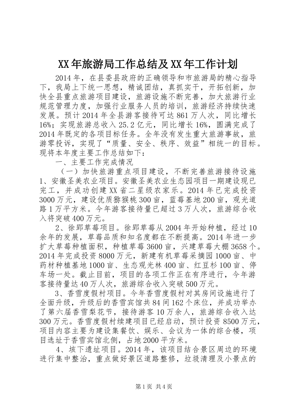 XX年旅游局工作总结及XX年工作计划_第1页