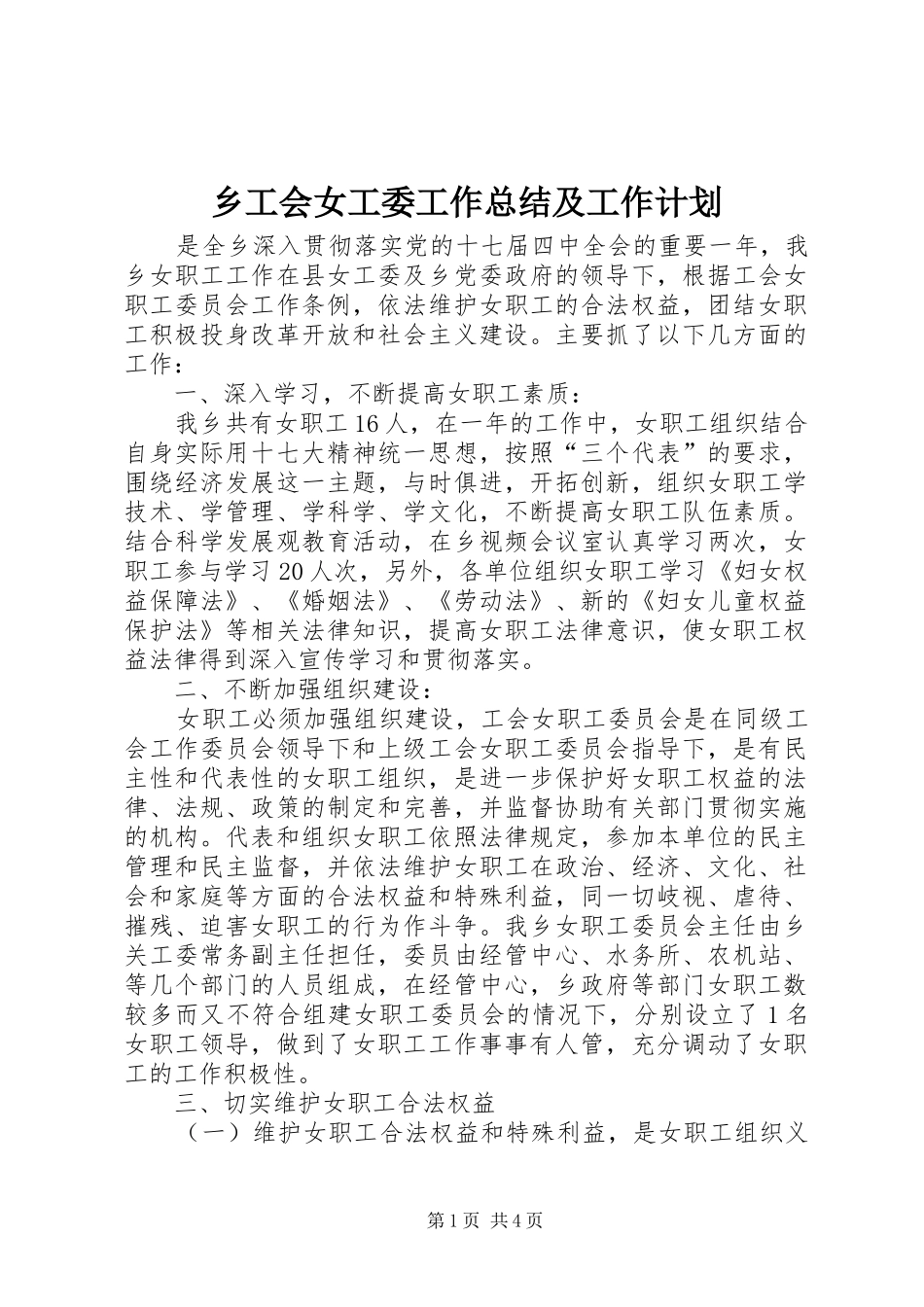 乡工会女工委工作总结及工作计划_第1页