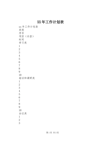 XX年工作计划表