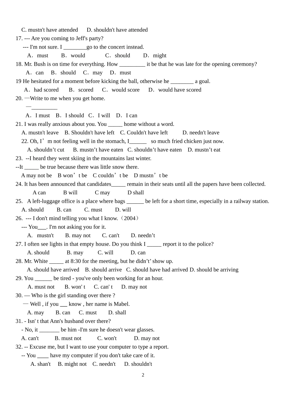 情态动词专项练习_第2页