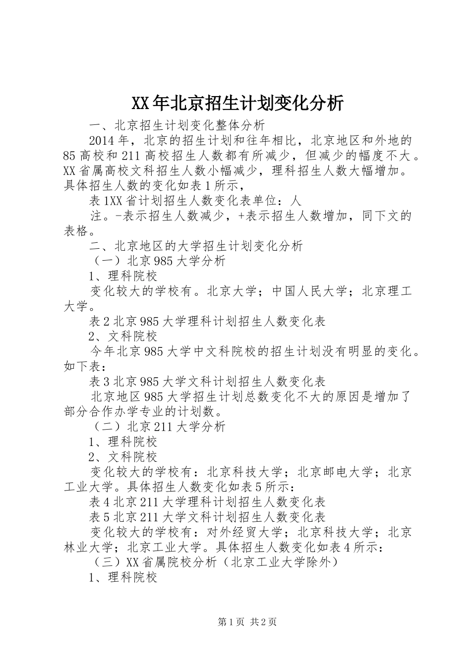 XX年北京招生计划变化分析_第1页