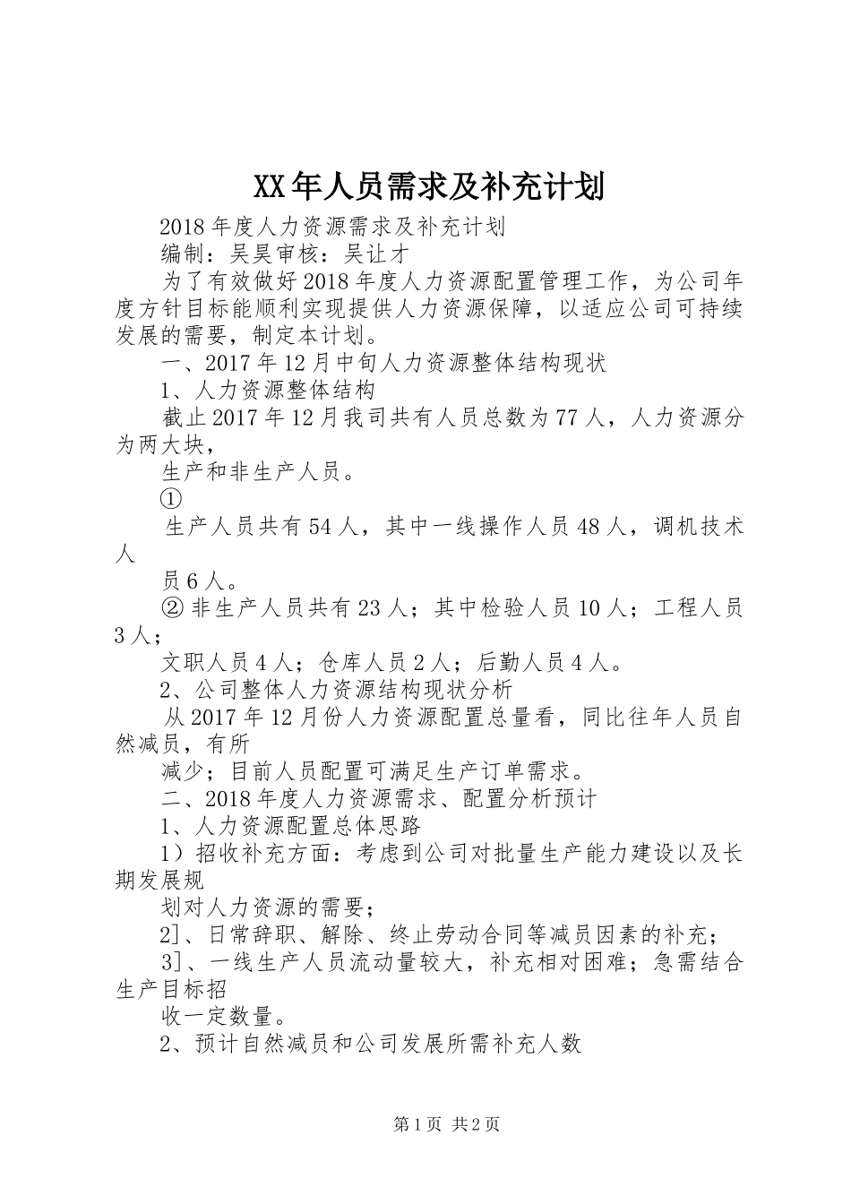 XX年人员需求及补充计划_第1页