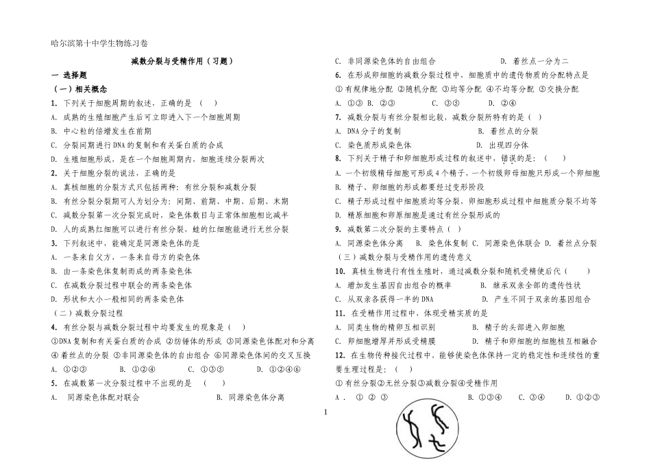 减数分裂和受精作用（习题）_第1页