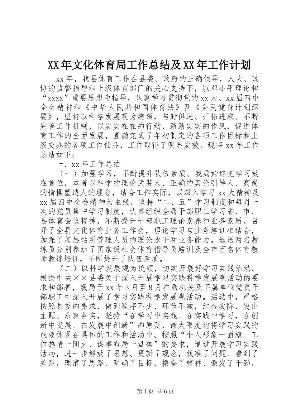 XX年文化体育局工作总结及XX年工作计划_1_第1页