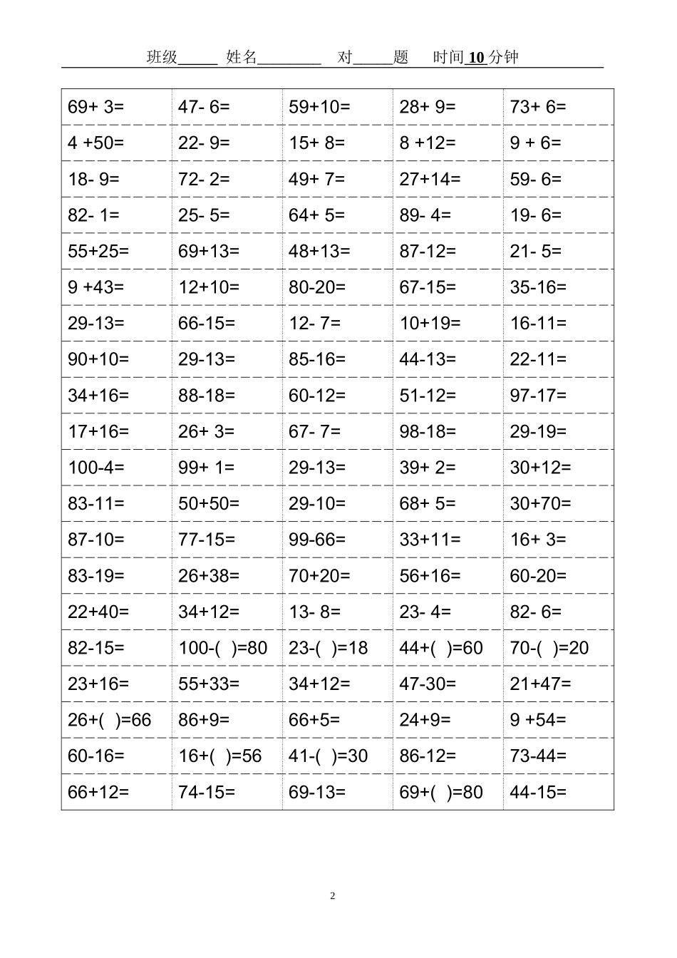 小学一年级100数学口算题卡_第2页
