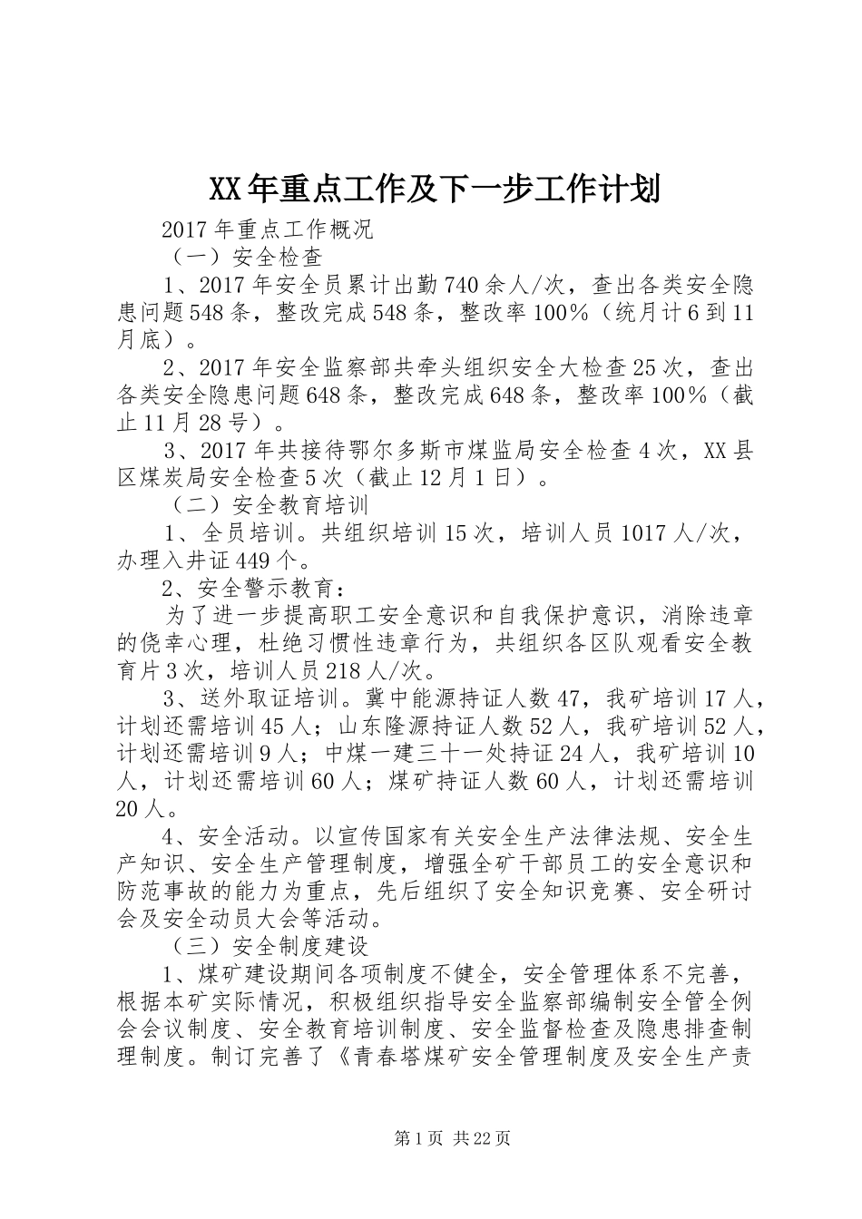 XX年重点工作及下一步工作计划_第1页