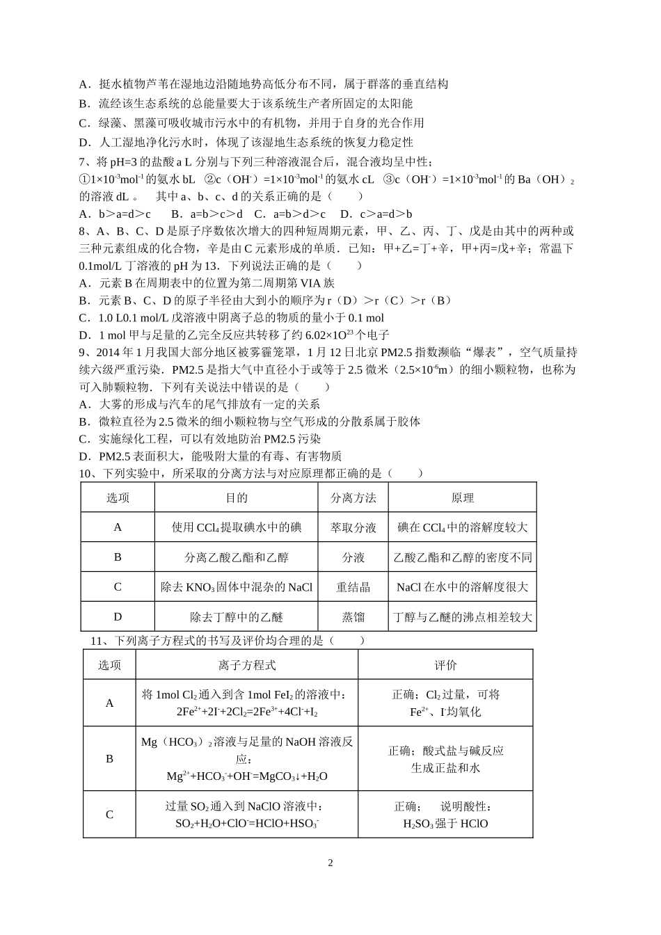 2015届高三理综第4次选择题专训_第2页