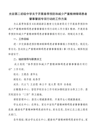 光谷二初关于开展开展春季预防和减少严重精神障碍患者肇事肇祸专项行动的工作方案