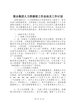 国企集团人力资源部工作总结及工作计划