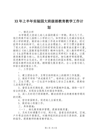 XX年上半年实验园大班级部教育教学工作计划