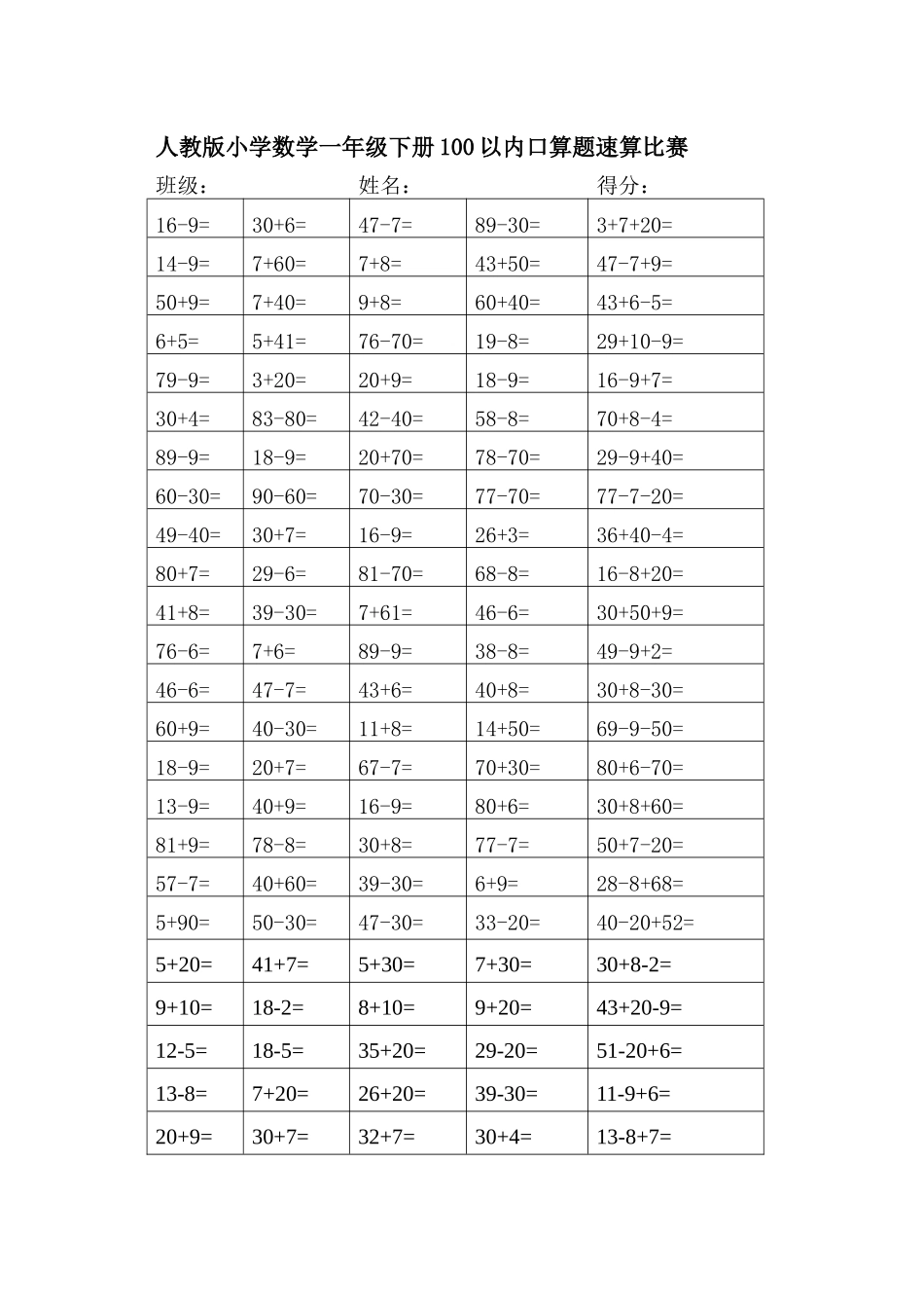 人教版小学数学一年级下册100以内口算题速算比赛_第1页