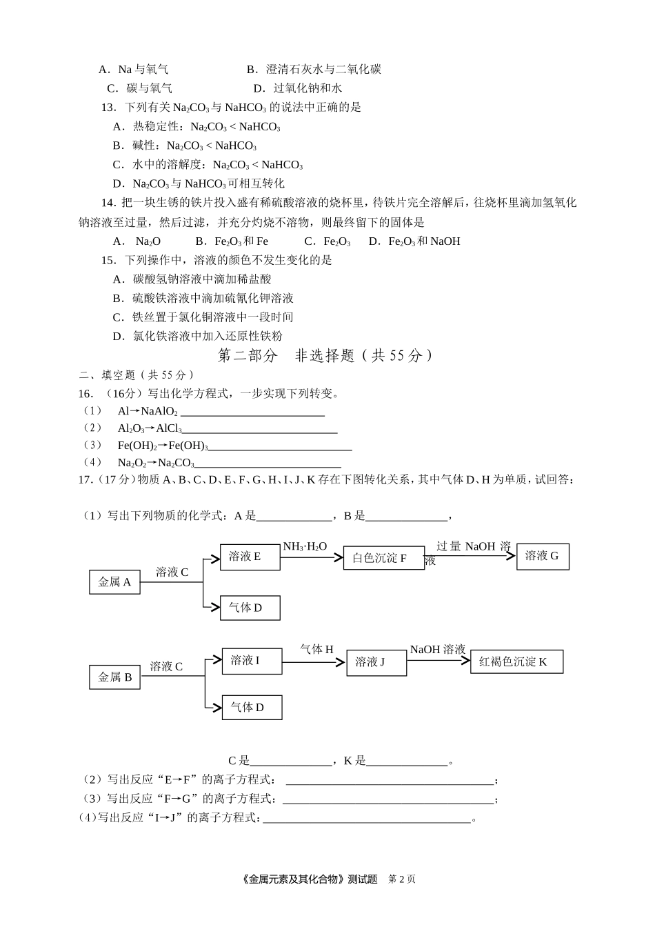 人教版化学必修1第三章《金属及其化合物》单元测试题_第2页