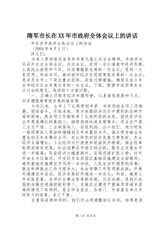 隋军市长在XX年市政府全体会议上的讲话