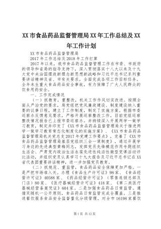 XX市食品药品监督管理局XX年工作总结及XX年工作计划