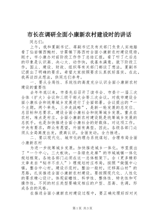 市长在调研全面小康新农村建设时的讲话