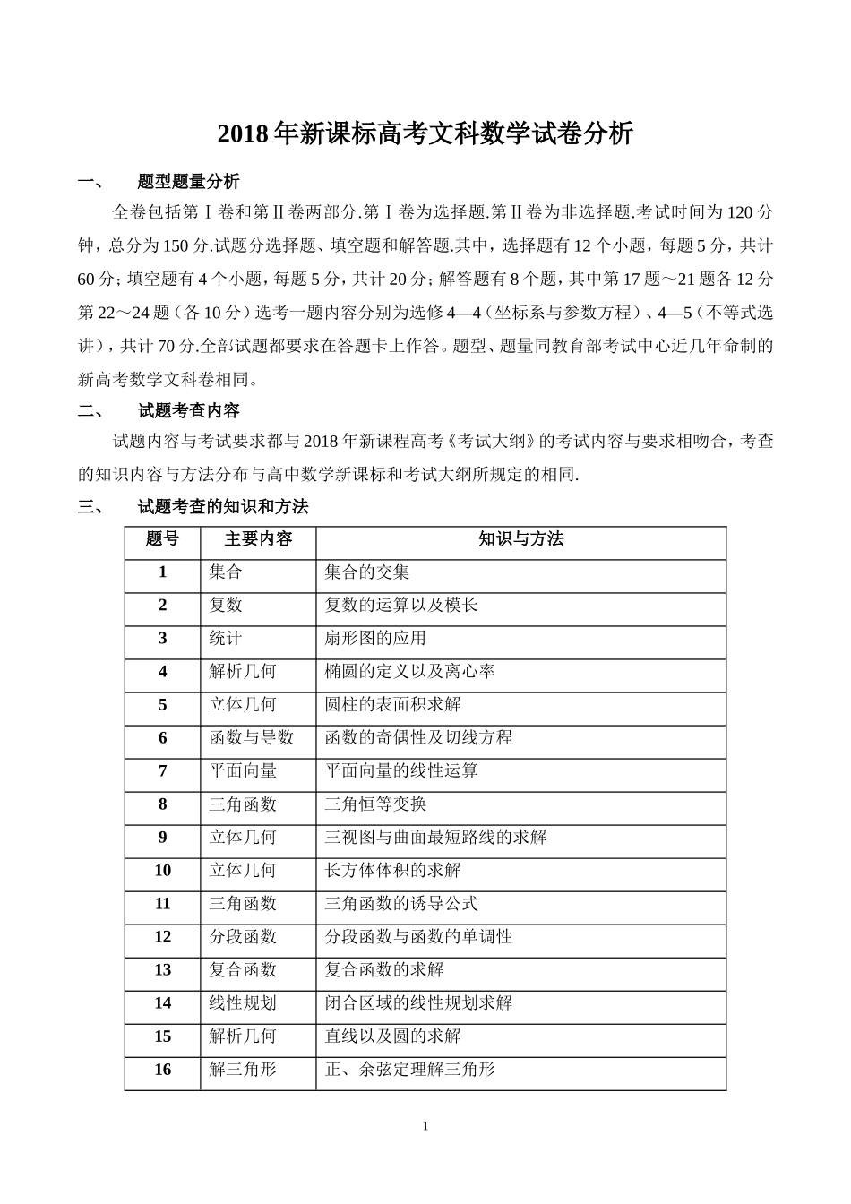 2018年全国卷Ⅰ文科数学试卷分析_第1页