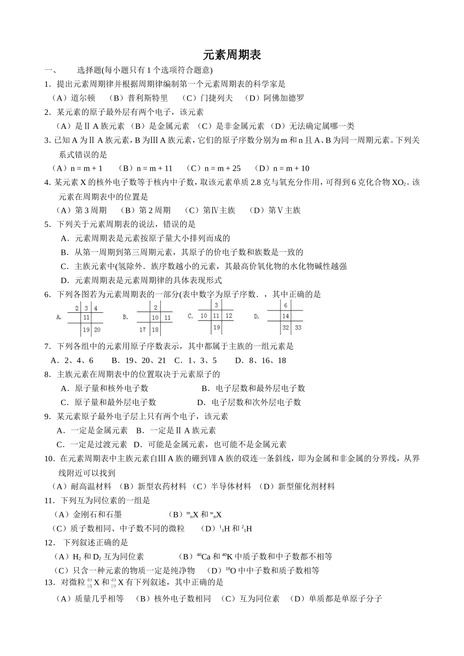 元素周期表练习题_第1页