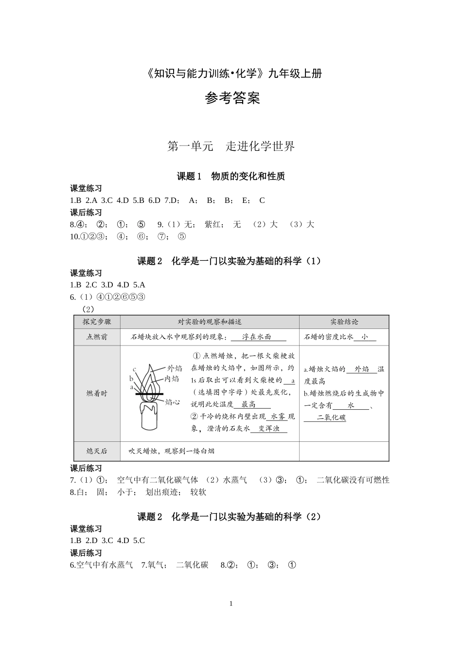 《知识与能力训练化学》九上答案_第1页