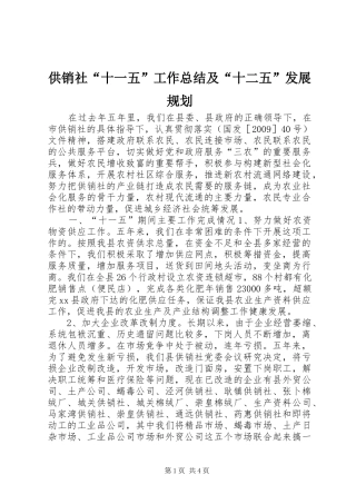 供销社“十一五”工作总结及“十二五”发展规划