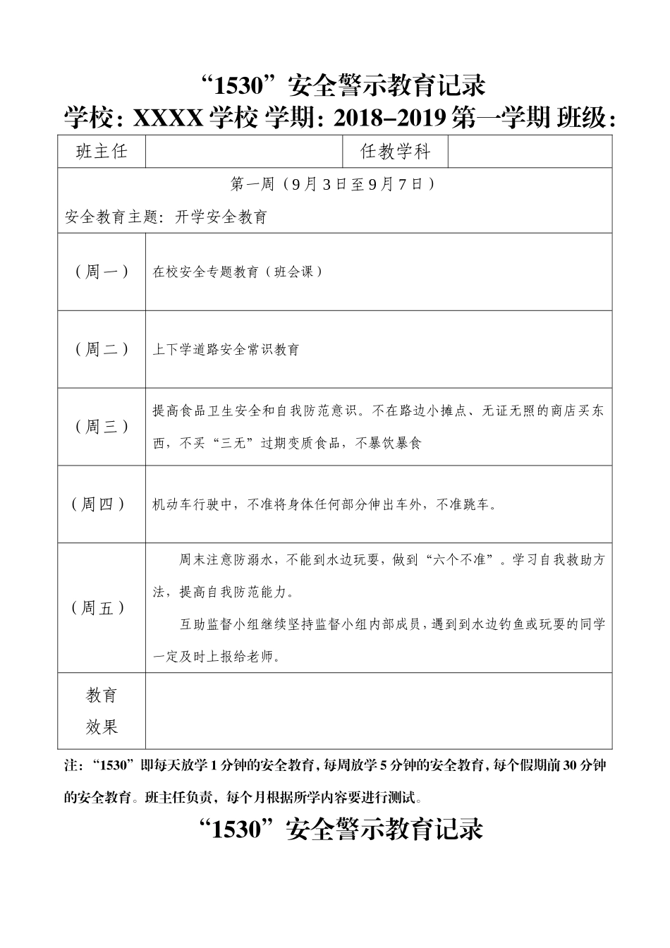 2018-2019学年第一学期“1530”安全警示教育记录_第1页