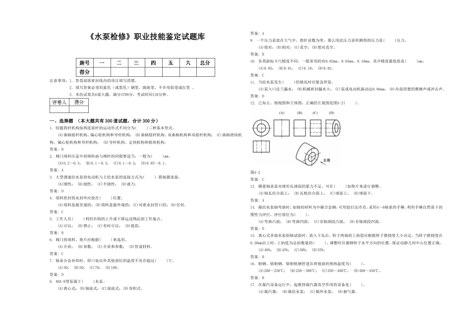 《水泵检修》职业技能鉴定试题库_第1页