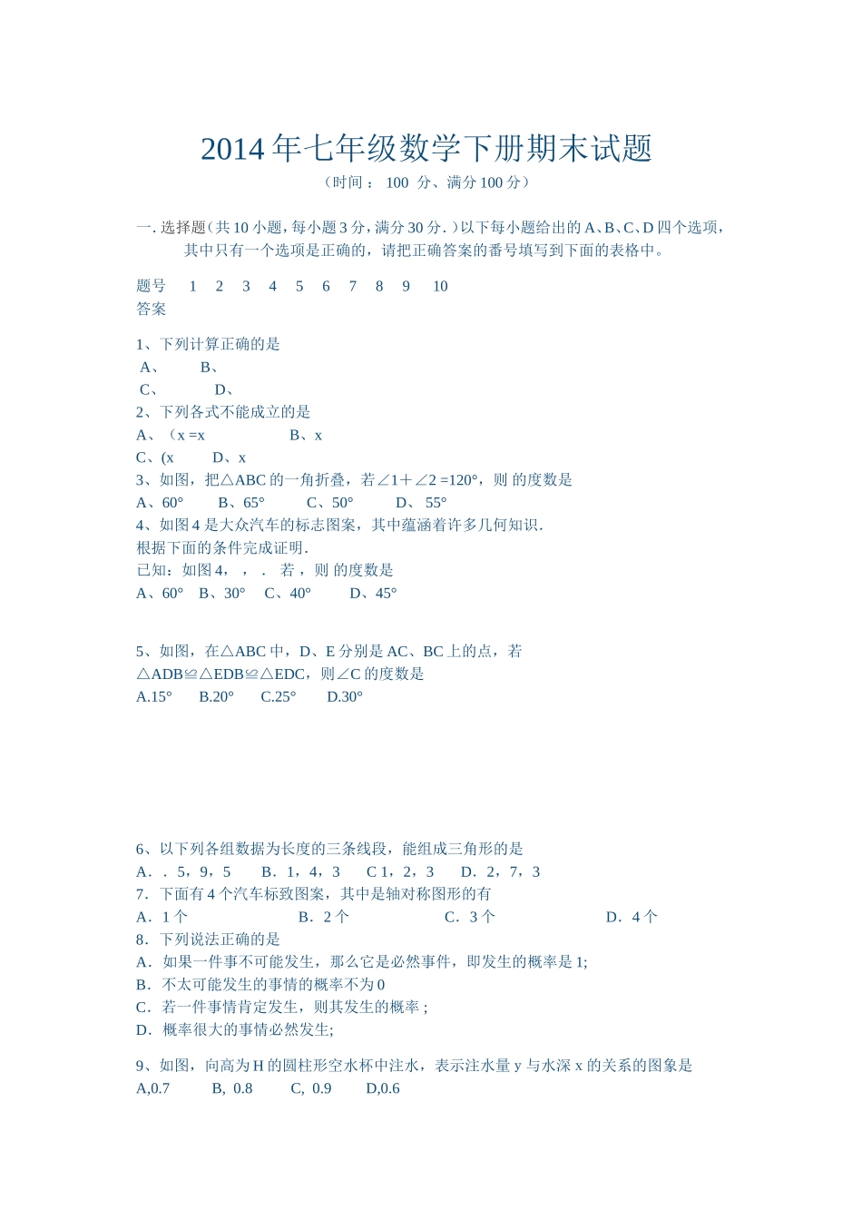 2014年七年级数学下册期末试题_第1页