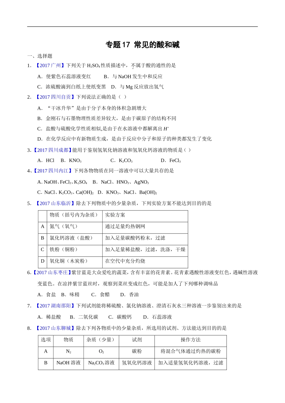 2017年全国中考化学真题知识点分类-专题17 常见的酸和碱_第1页