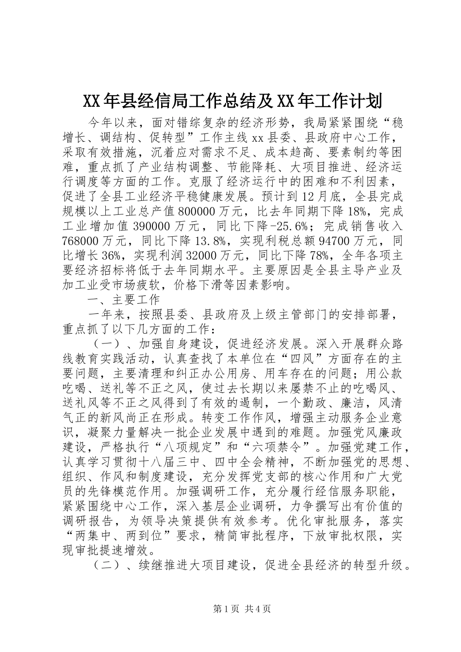 XX年县经信局工作总结及XX年工作计划_第1页