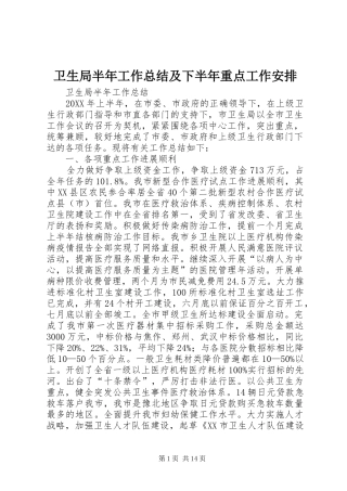 卫生局半年工作总结及下半年重点工作安排
