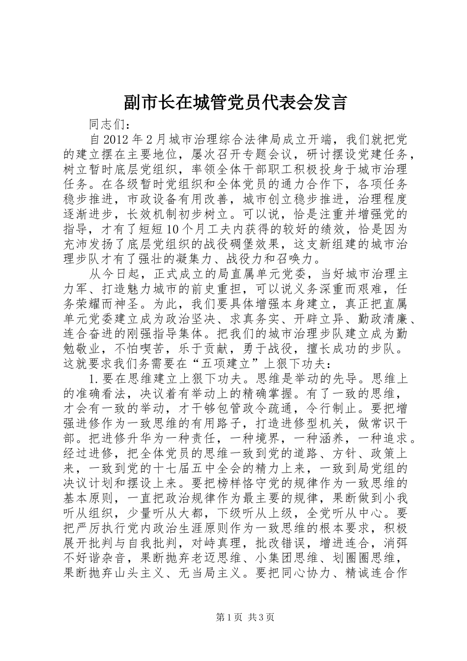副市长在城管党员代表会发言_第1页