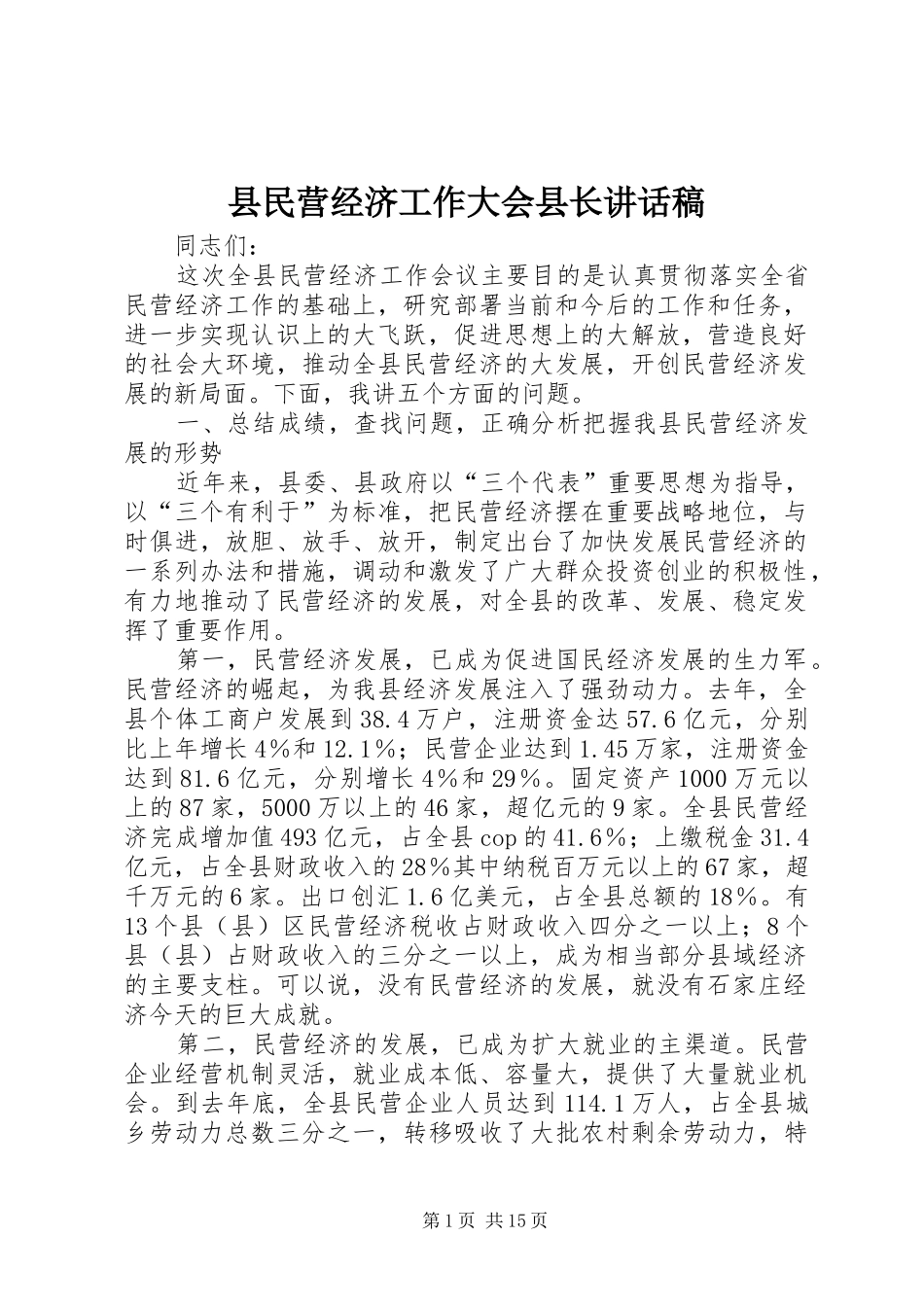 县民营经济工作大会县长讲话稿_第1页