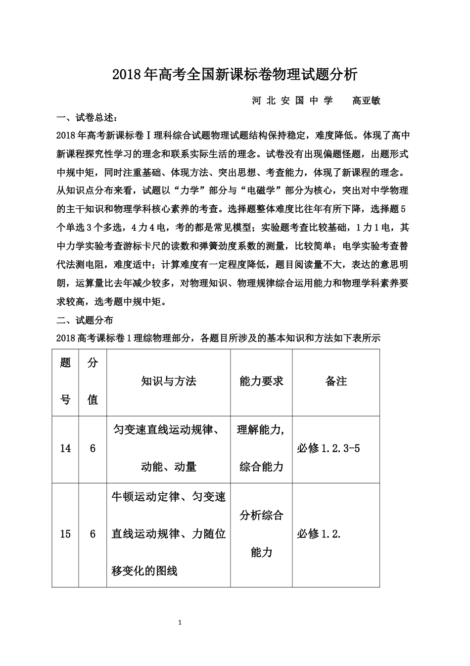 2018年高考全国新课标卷物理试题分析_第1页