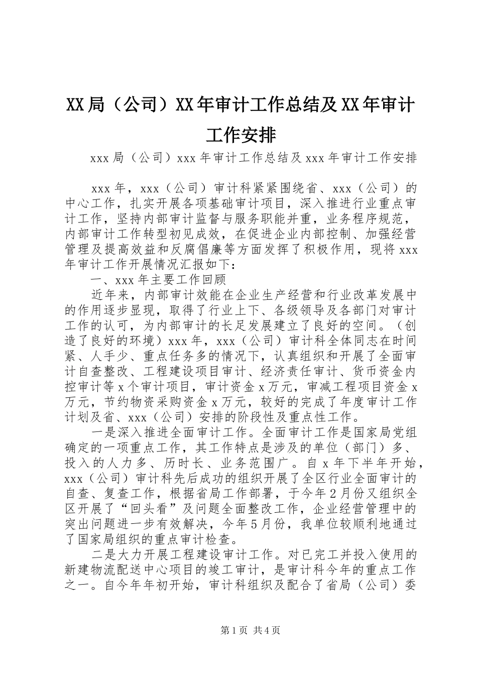 XX局（公司）XX年审计工作总结及XX年审计工作安排_第1页