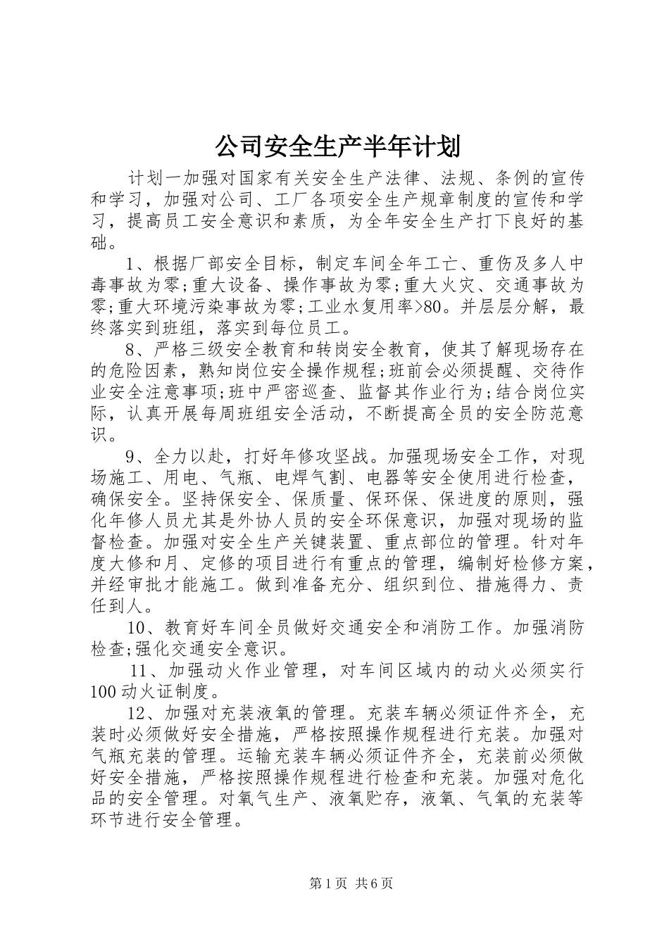 公司安全生产半年计划_第1页