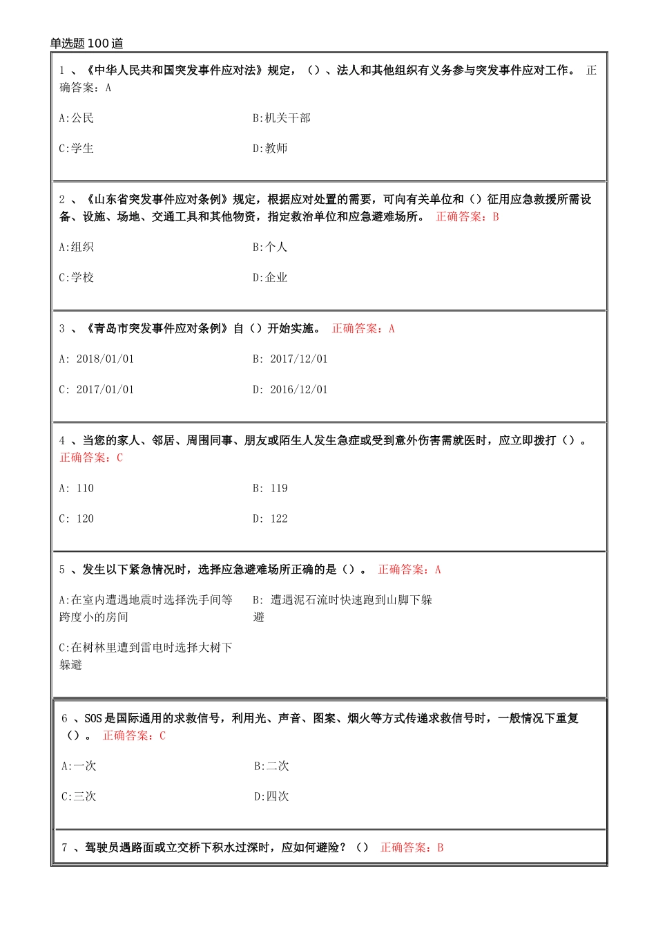 2018 青岛 市民 卫生应急基本知识与技能网络在线培训和答题-单选题100道_第1页