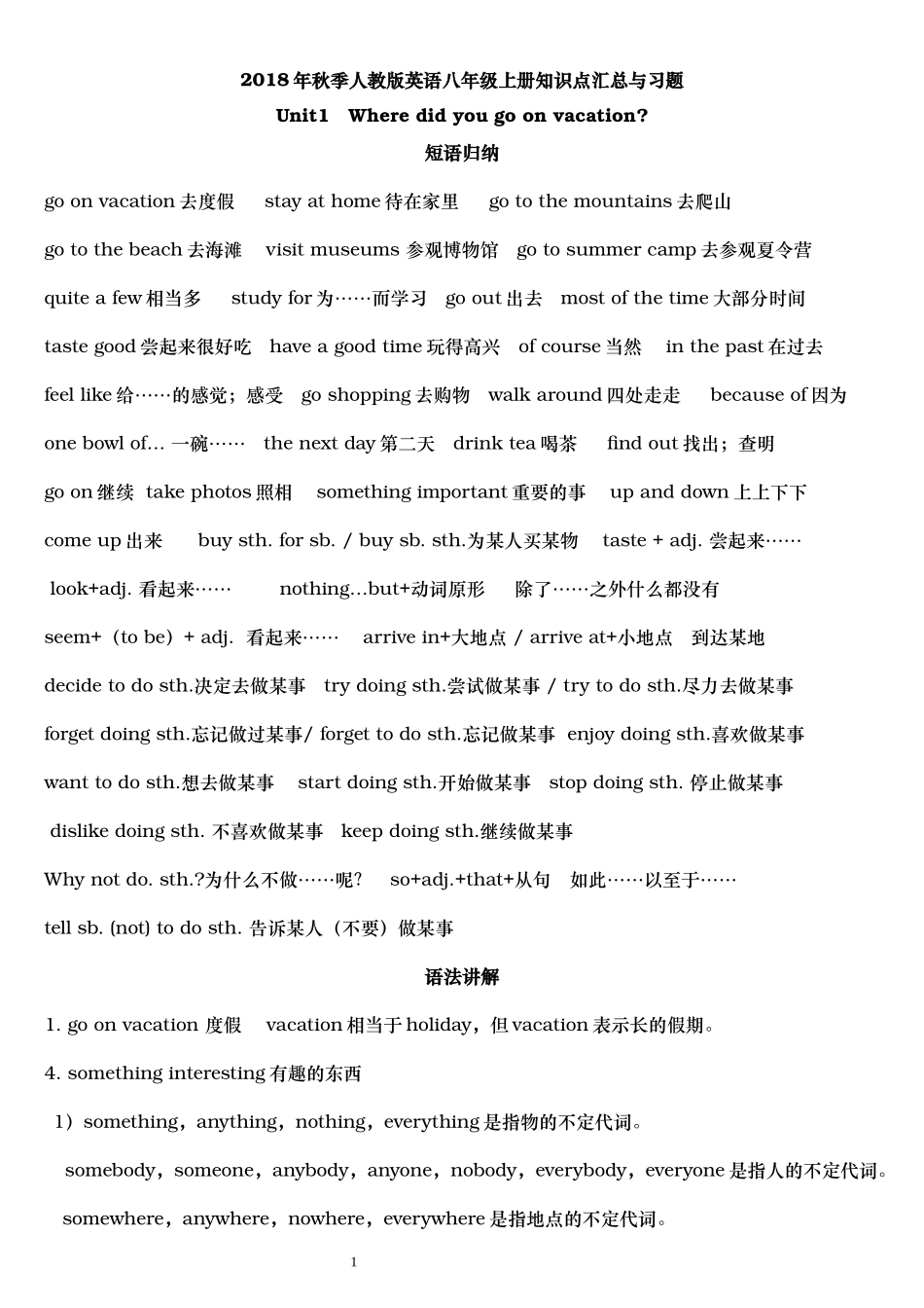 2018年秋季人教版英语八年级上册知识点汇总与习题_第1页