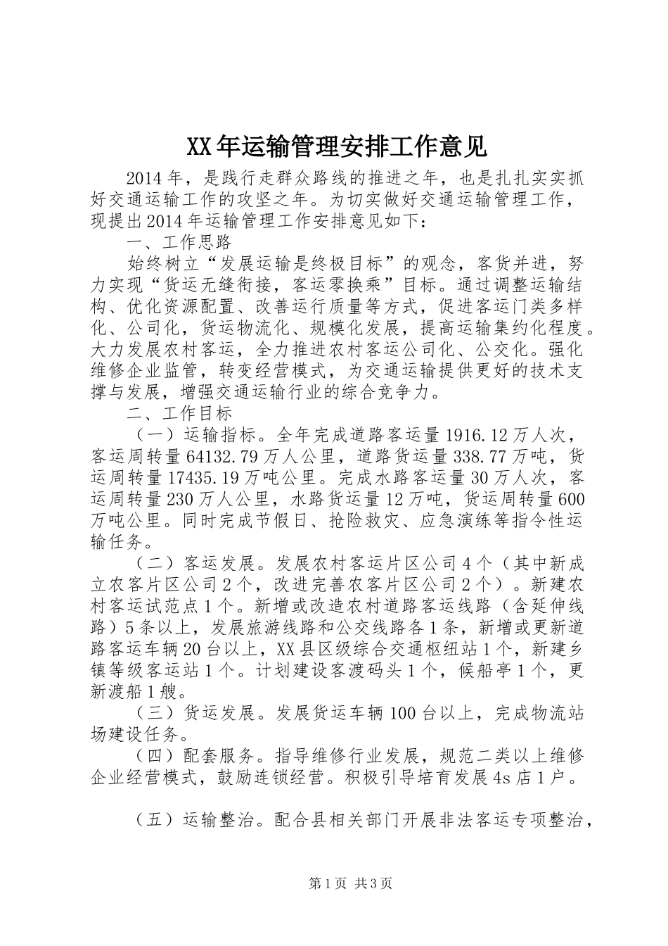 XX年运输管理安排工作意见_第1页