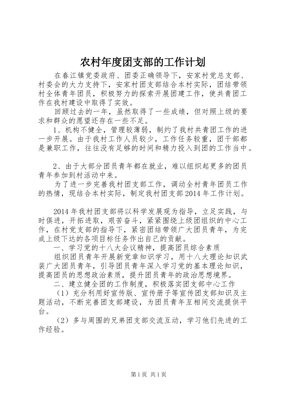 农村年度团支部的工作计划_第1页