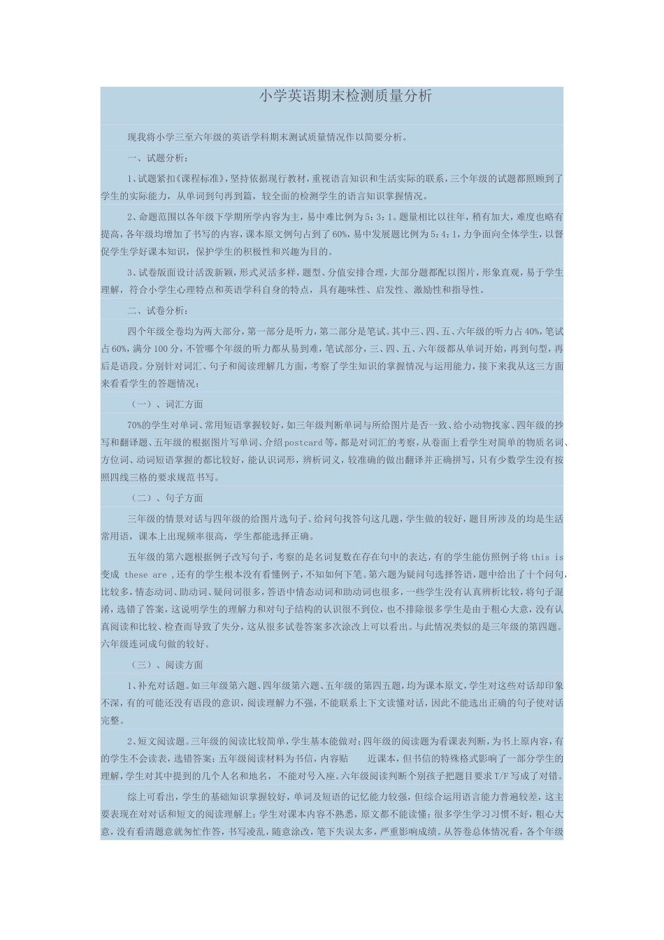 小学英语期末检测质量分析_第1页