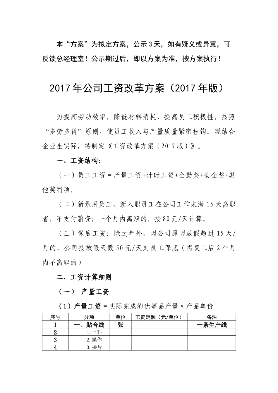 2017年公司产量工资改革方案(2017年版)_第1页