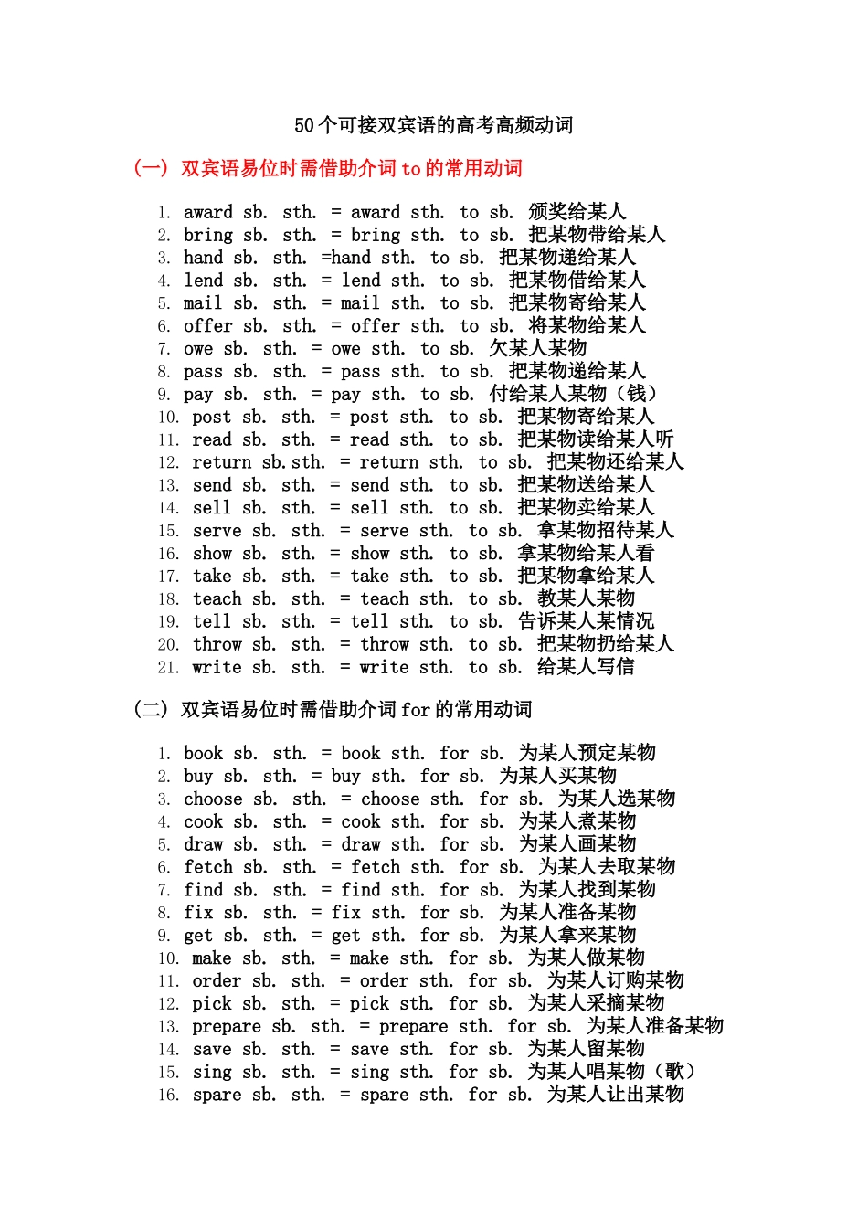 50个可接双宾语的高考高频动词_第1页