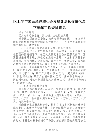 区上半年国民经济和社会发展计划执行情况及下半年工作安排意见