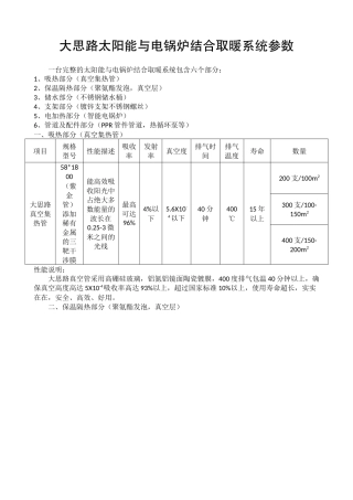 100m2太阳能与电锅炉结合取暖系统参数