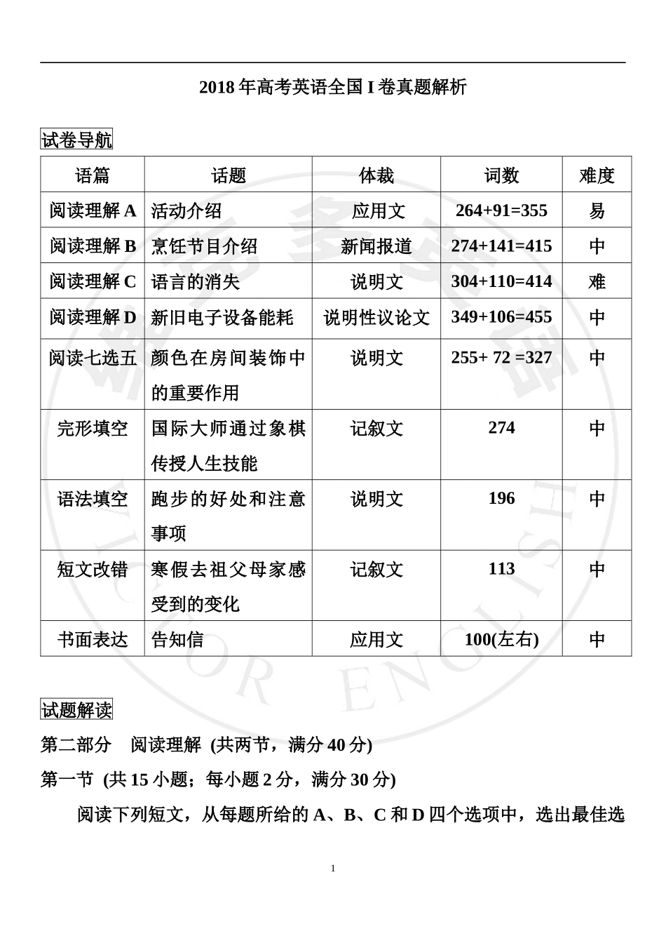 【分析】2018年高考英语全国1卷真题_第1页