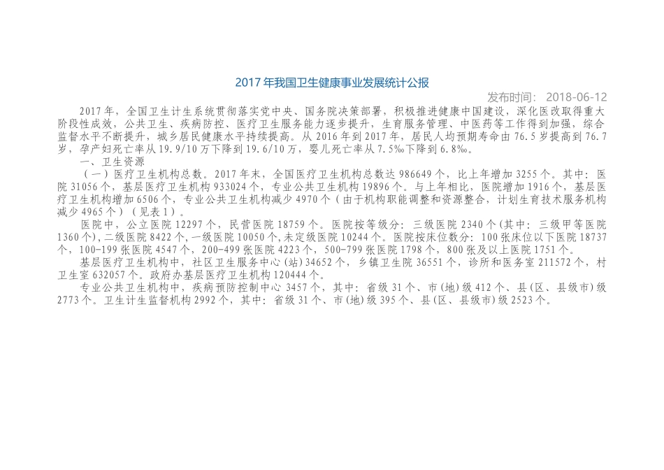 2017年我国卫生健康事业发展统计公报_第1页