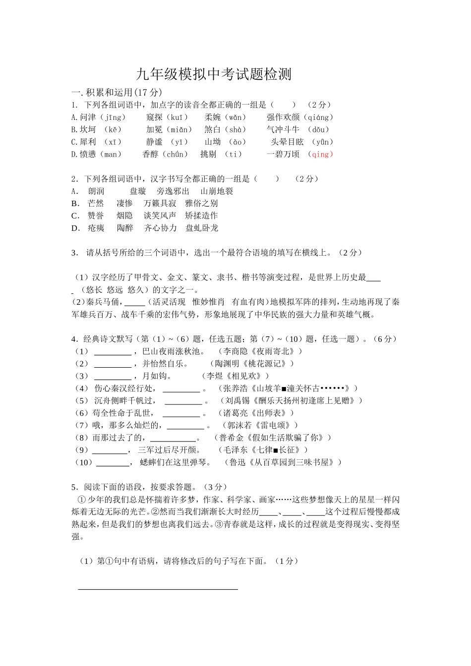 人教版九年中考模拟试题检测_第1页