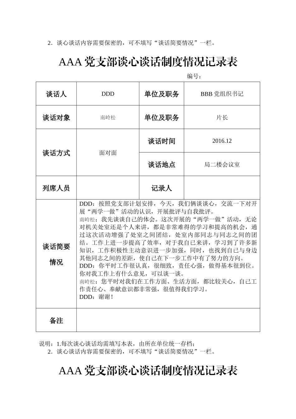 23次党支部谈心谈话记录台账_第2页