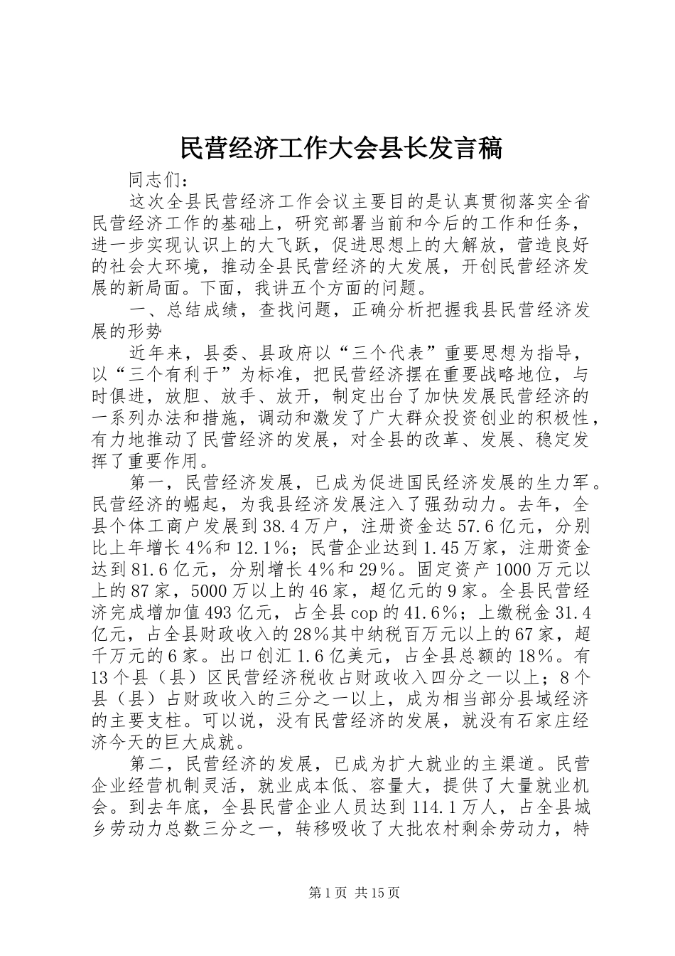 民营经济工作大会县长发言稿_第1页