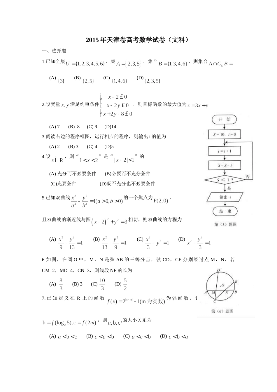 2015年天津卷高考数学试卷（文科）_第1页