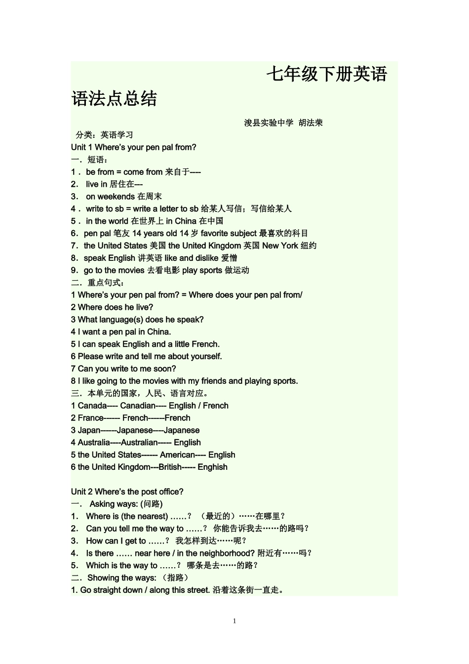 七年级下册英语语法点总结_第1页